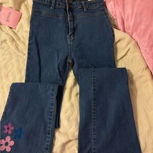 patch work, dark wash, flare jeans, size xs/2